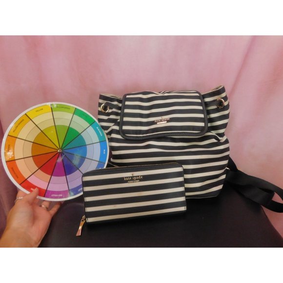 Kate Spade Black White Stripe Nylon Molly Backpack and Striped Wallet - Picture 13 of 15